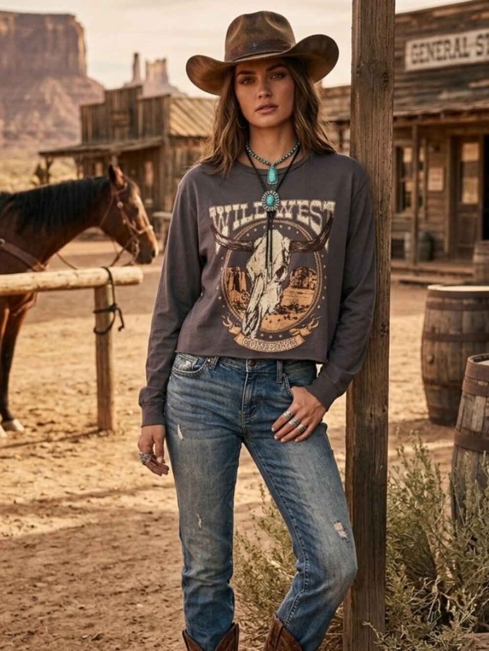 Zutter Wild West Cowboys Graphic Long Sleeve Cropped Tee Gray Cotton